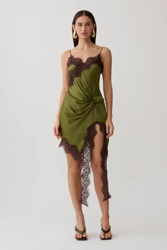 Amber Satin And Lace Mini Dress - Olive